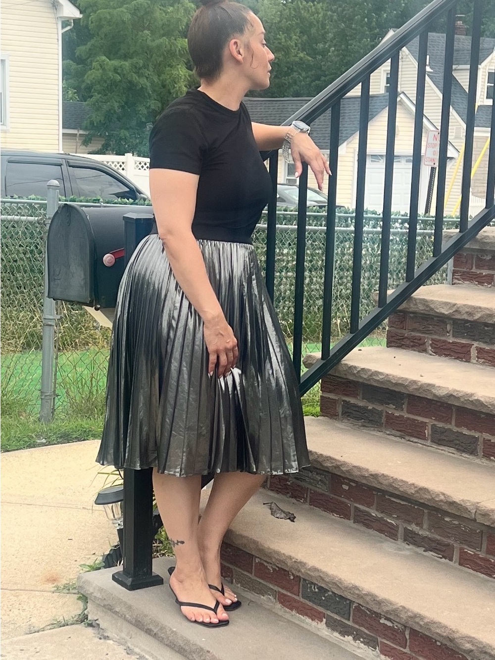 Pleated Metallic Midi Skirt - Silver